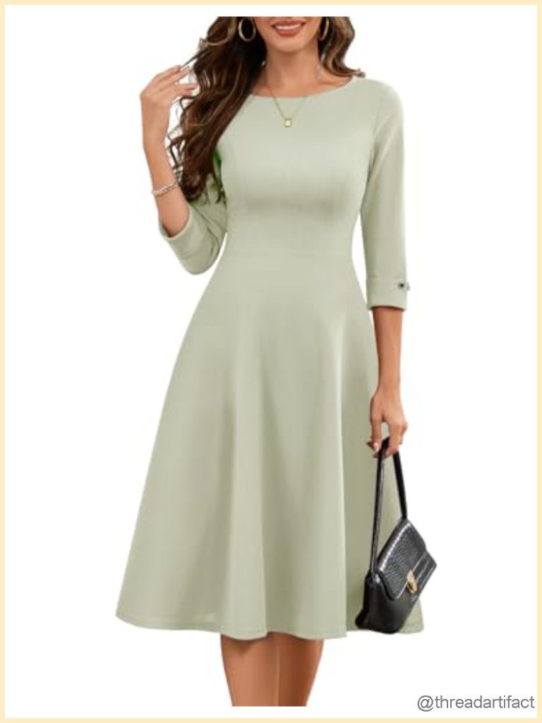 Fit And Flare Midi Dress With Pockets 3/4 Sleeve Church Work Dress